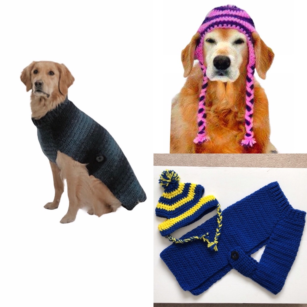 Handmade Crochet Dog sweater & Hat Blue Yellow